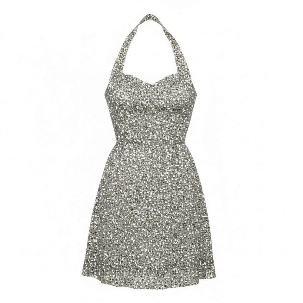 VTG Vintage Scala Y2K Silver Sequin Silk Halter Dress Sweetheart Fairy 90s 8